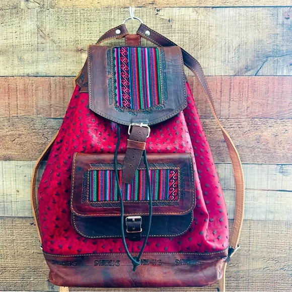 NWOT Handmade Large Huipil Guatemalan Leather Backpack - Picture 1 of 13